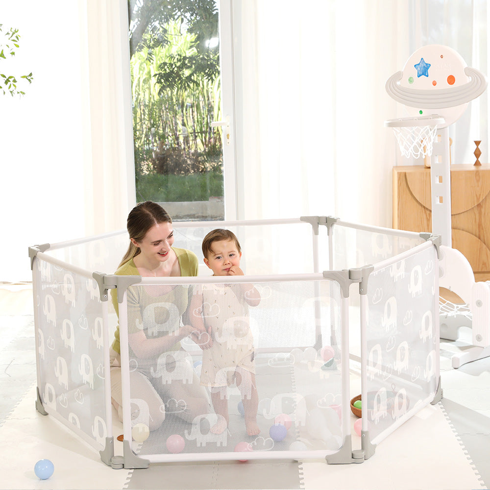 Peekaboo 6 Panel  Kids Portable & Foldable Playpen Grey Age- 3 Months & Above