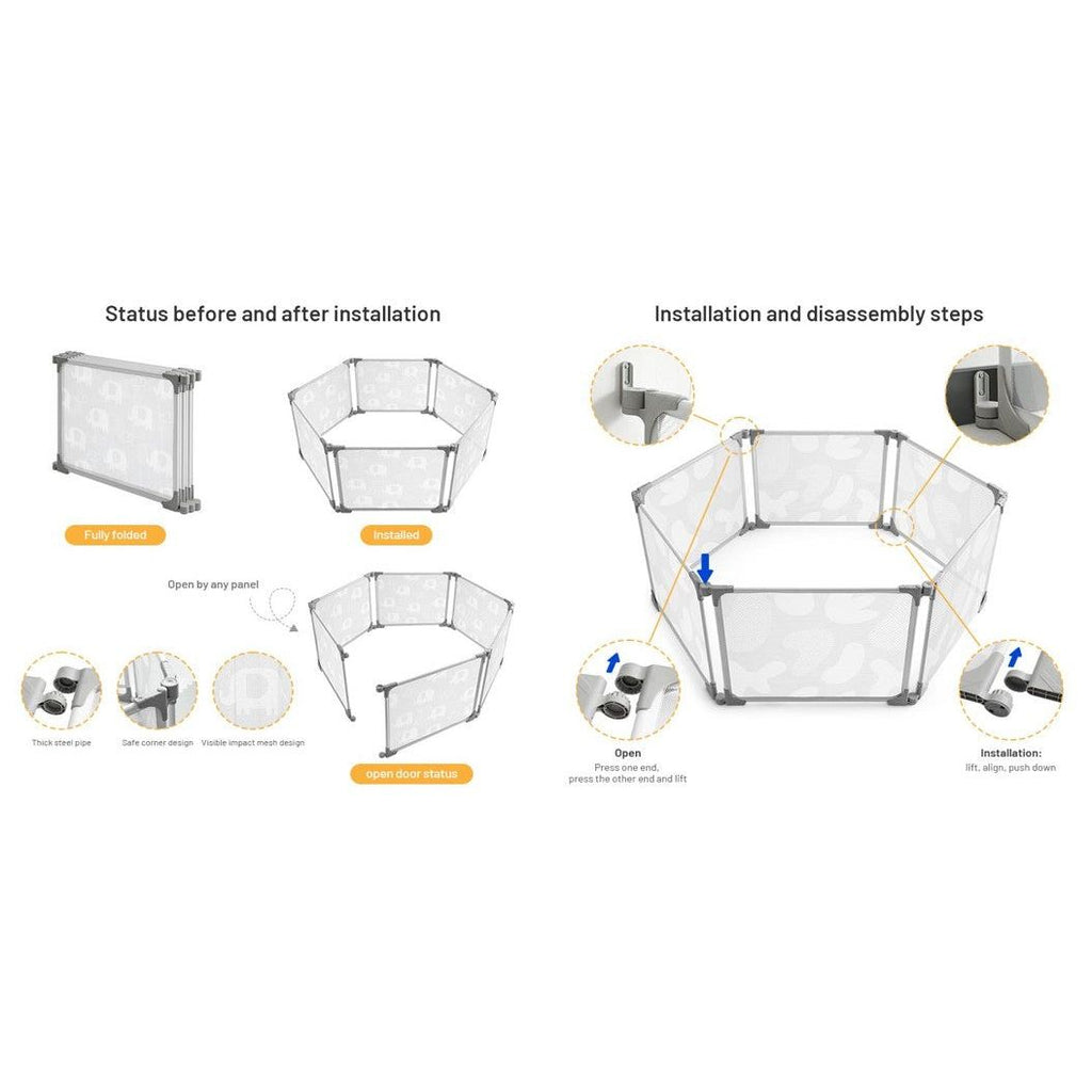 Peekaboo 6 Panel  Kids Portable & Foldable Playpen Grey Age- 3 Months & Above