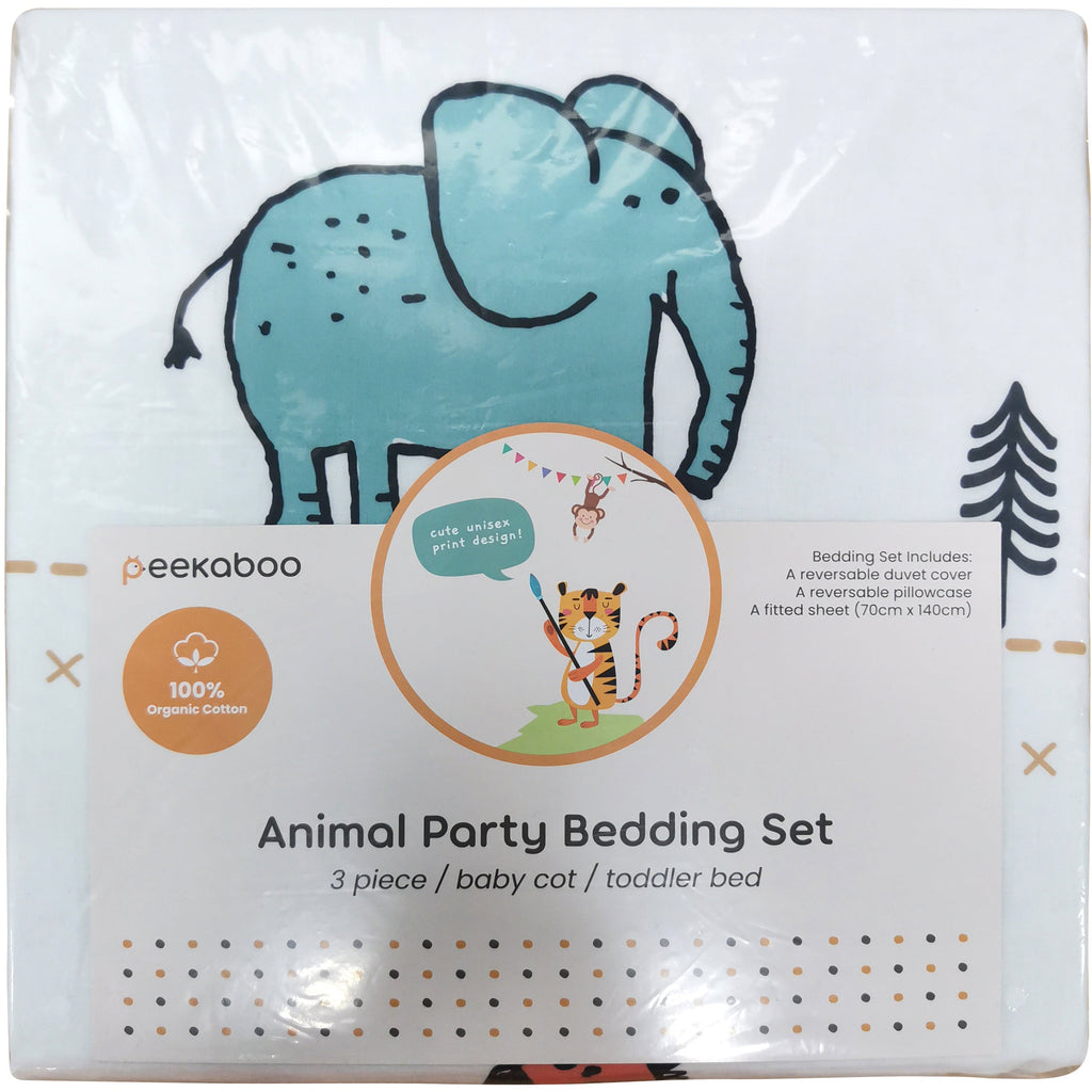 Peekaboo Animal Party Themed 3-Piece Toddler/Crib Cotton Bedding Set White Age- 18 Months to 5 Years 