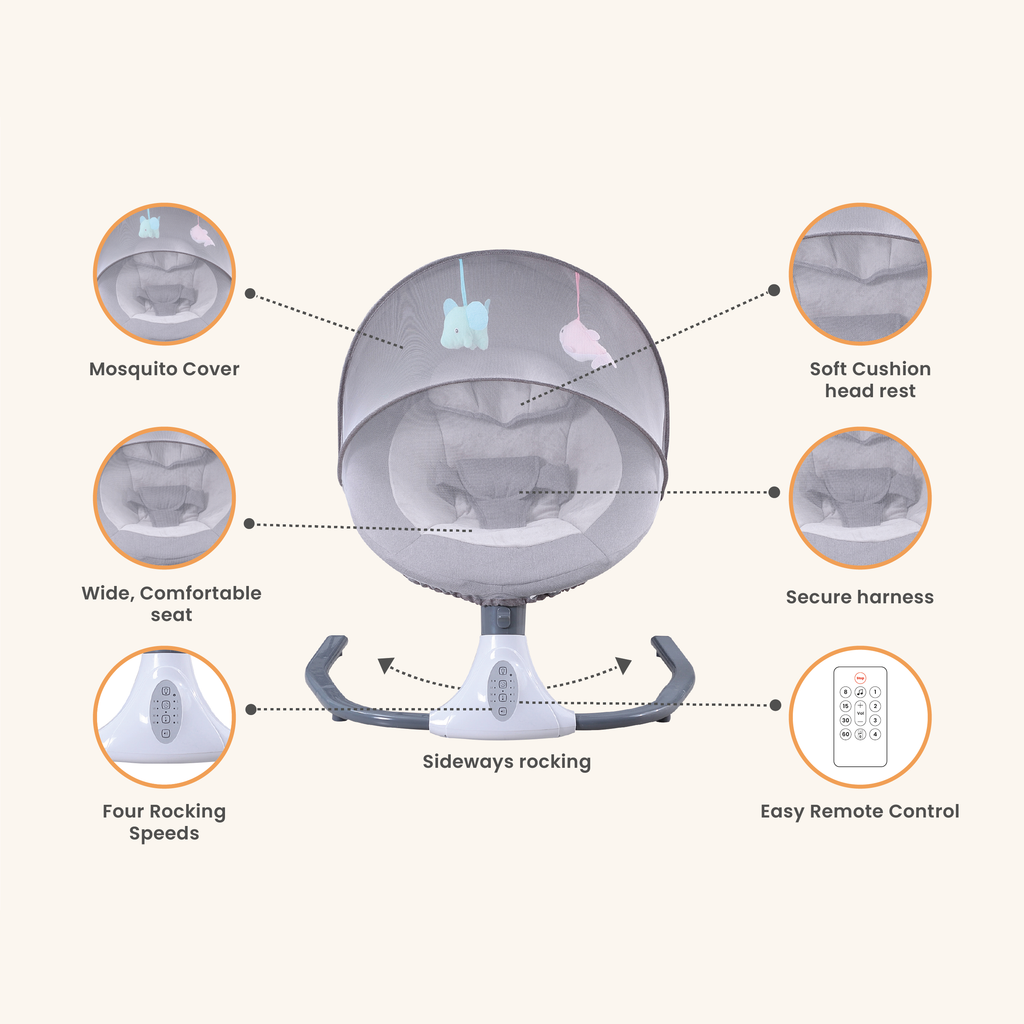 Peekaboo Musical Electric Baby Swing/Rocker with Mosquito Net Grey Age- Newborn & Above