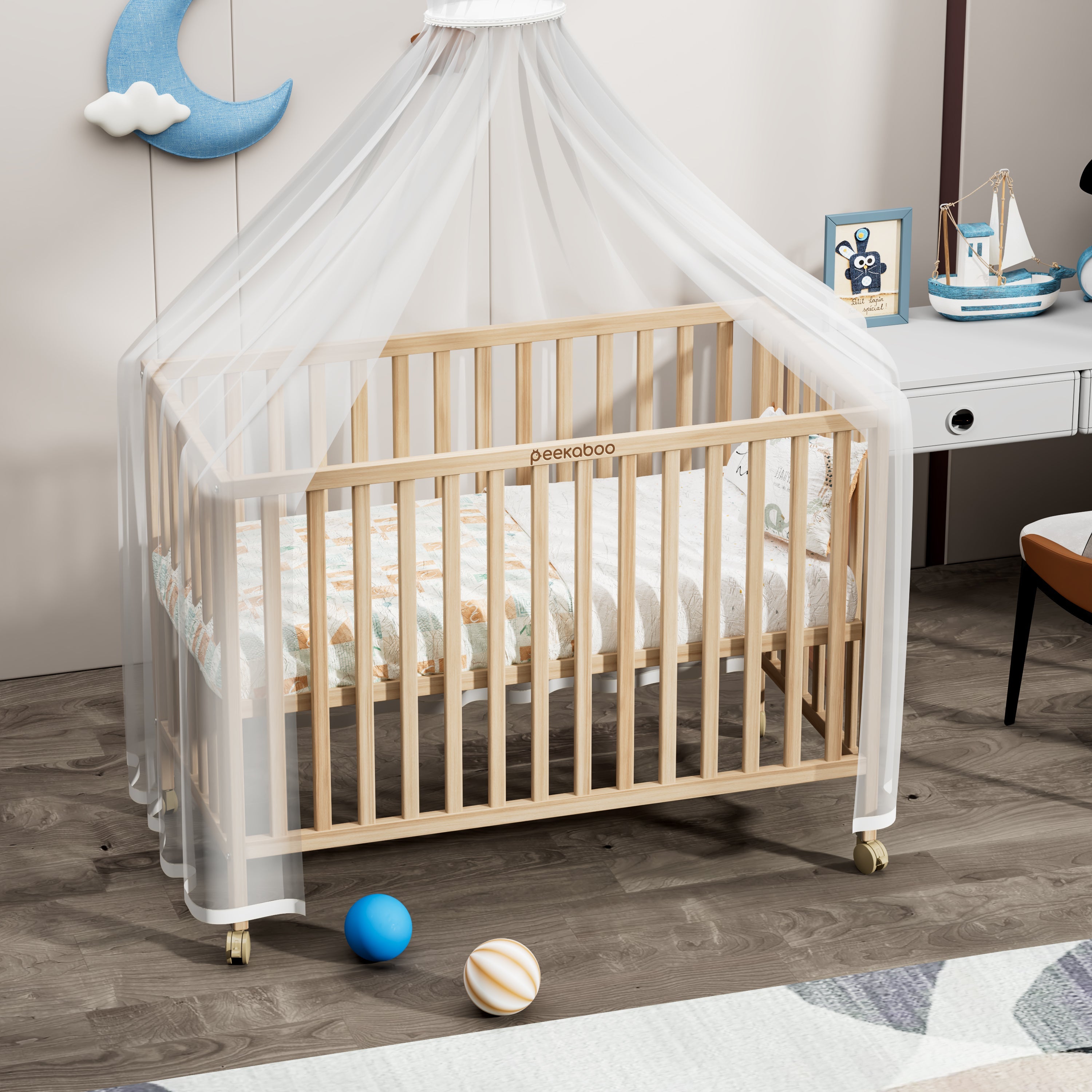 Peekaboo Wooden Cot/ Crib Bed with 3 Level Height Adjustment & Mosquito Net Natural Wood Age- Newborn to 4 Years (Holds upto 50 Kgs)