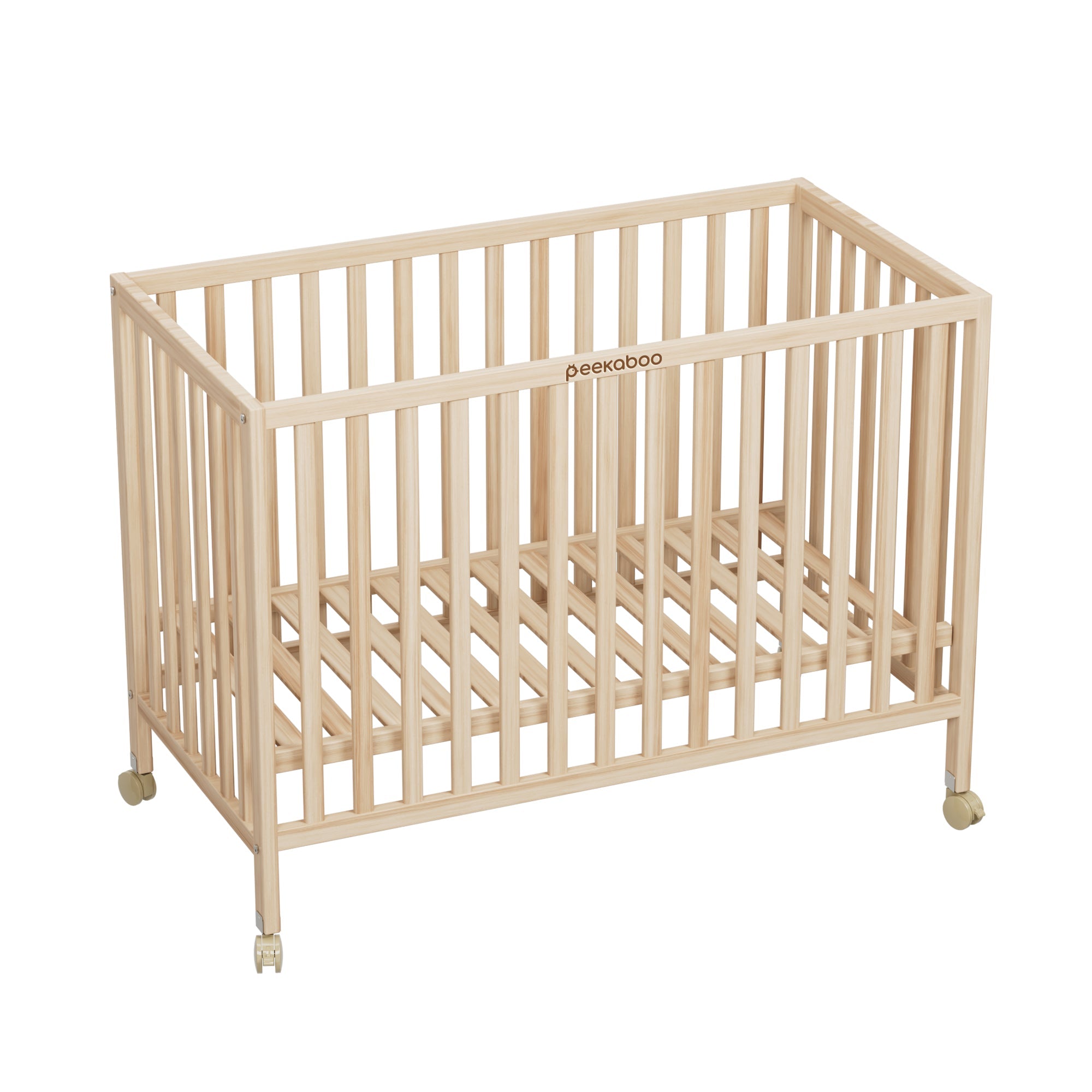 Peekaboo Wooden Cot Crib Bed with 3 Level Height Adjustment Mosquito Net Natural Wood Age Newborn to 4 Years Holds upto 50 Kgs Peekaboo