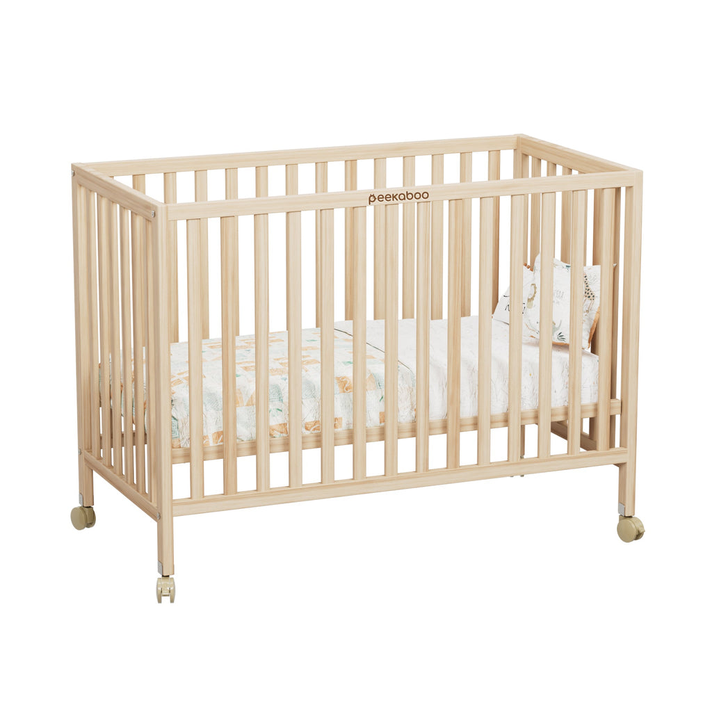 Peekaboo Wooden Cot/ Crib Bed with 3 Level Height Adjustment & Mosquito Net Natural Wood Age- Newborn to 4 Years (Holds upto 50 Kgs)