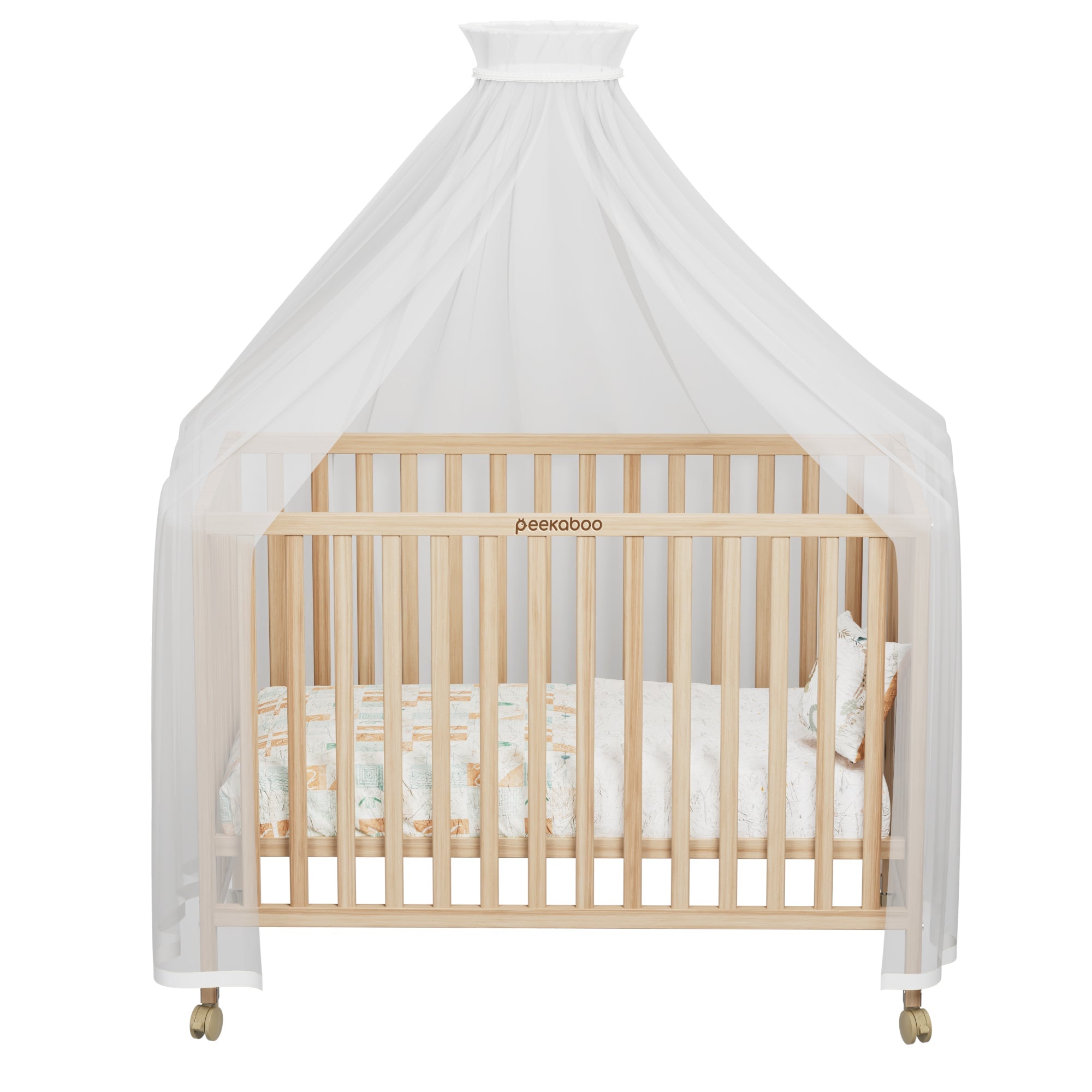 Peekaboo Wooden Cot/ Crib Bed with 3 Level Height Adjustment & Mosquito Net Natural Wood Age- Newborn to 4 Years (Holds upto 50 Kgs)