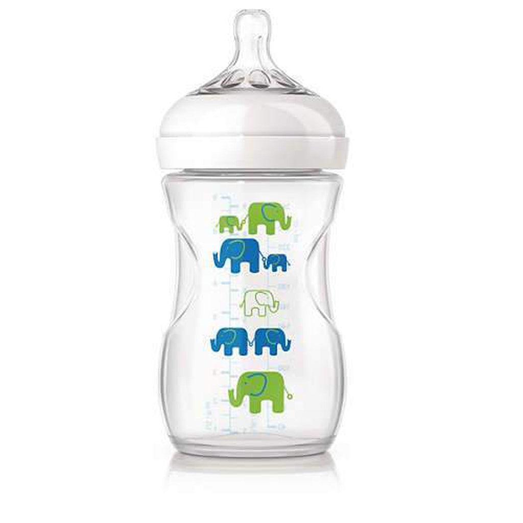 Philips Avent Natural Feeding Bottle Printed Blue & Green Elephants 260ml 1m+