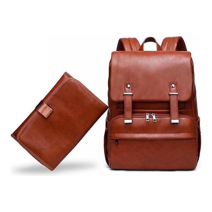 Pibi 2 in 1 PU Leather Diaper Backpack with Waterproof Changing Pad Stroller Hooks Tan Brown Peekaboo