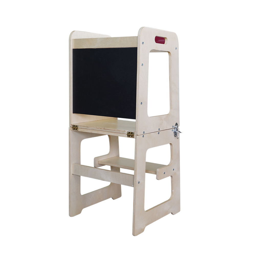 Pibi 3-in-1 Learning Tower Table & Kitchenn Helper Stool with Black Boad Natural Wood Age- 1.5 Years to 5 Years