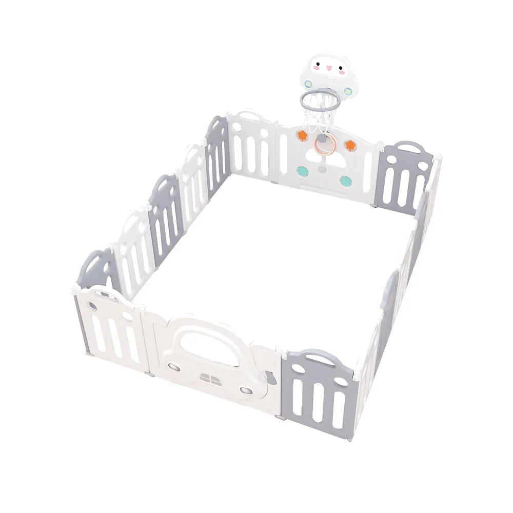 Pibi 2 in 1 Foldable Car Playpen White & Grey (14+2 Pieces) with a Basketball Hoop Age- 6 Months to 3 Years