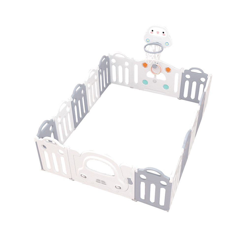 Pibi 2 in 1 Foldable Car Playpen White & Grey (14+2 Pieces) with a Basketball Hoop Age- 6 Months to 3 Years
