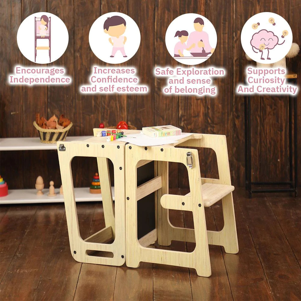 Pibi 3-in-1 Learning Tower Table & Kitchenn Helper Stool with Black Boad Natural Wood Age- 1.5 Years to 5 Years