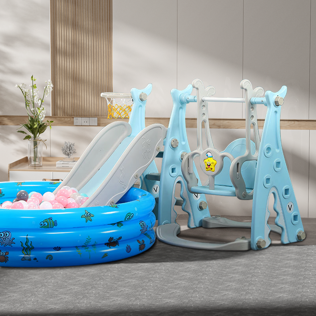 Pibi 4 in 1 Multifunctional Playset- Musical Swing, Slide, Star Early Education Machine and Basketball Hoop Light Blue/Grey Age- 12 Months- 6 Years