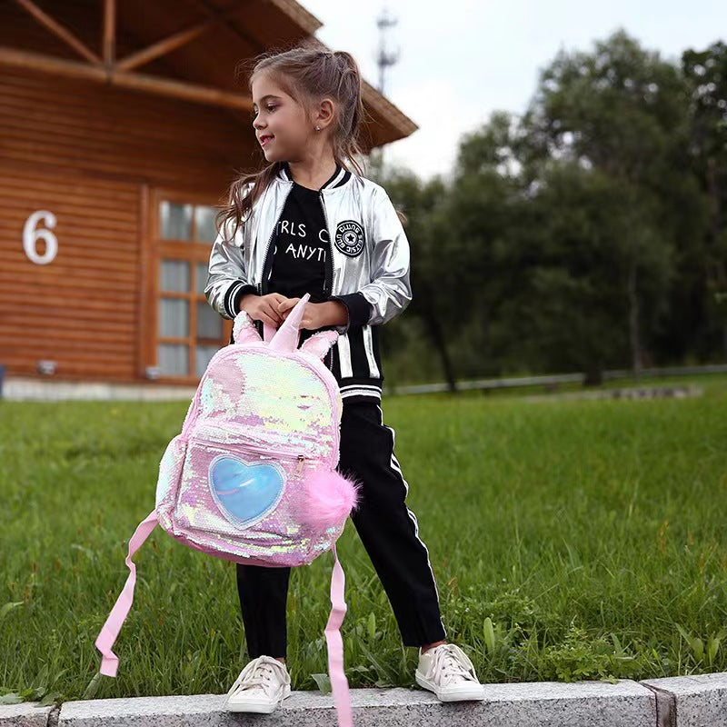 Pibi  Cute Unicorn Sequin Backpack with Pompom Keychain- 14 Inch  Baby Pink Age- 3 Years & Above 