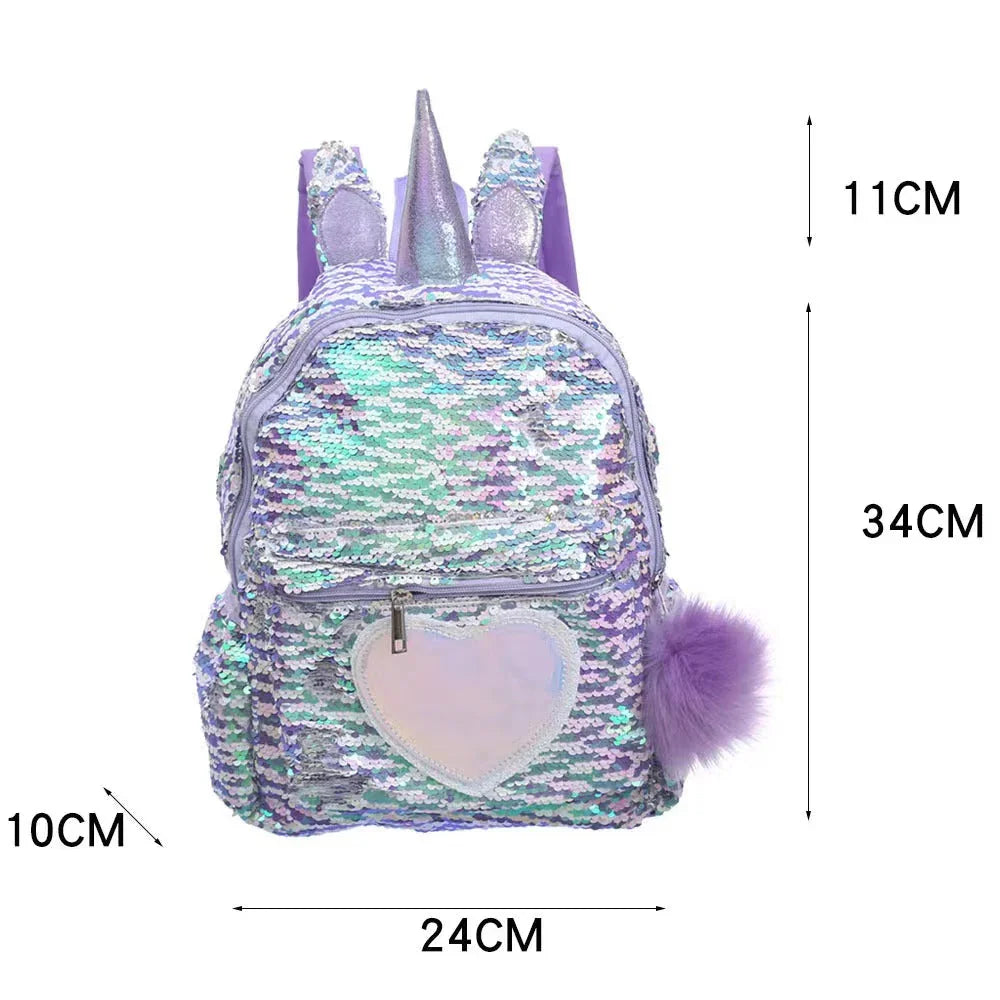 Pibi Cute Unicorn Sequin Backpack with Pompom Keychain-14 Inch Purple/Silver Age- 3 Years & Above 