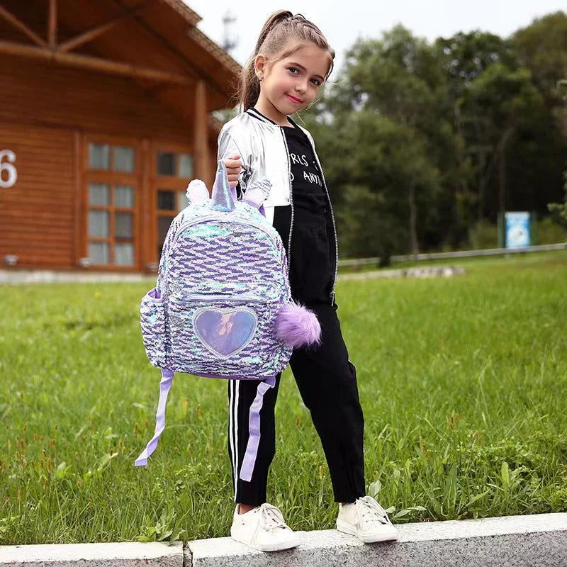Pibi Cute Unicorn Sequin Backpack with Pompom Keychain-14 Inch Purple/Silver Age- 3 Years & Above 