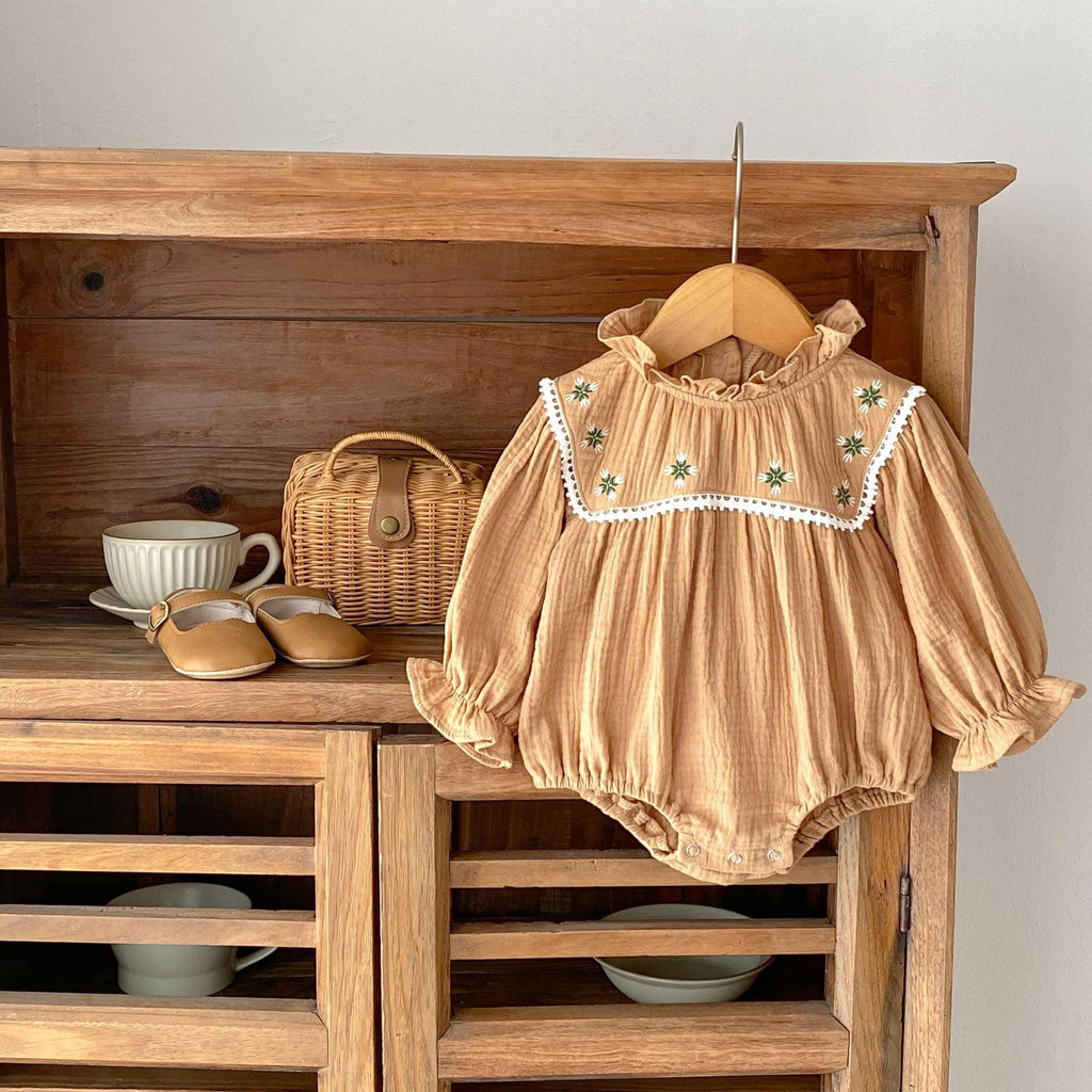 Pibi Infant Girls Embroidered Bodysuit Dress Light Brown 22310