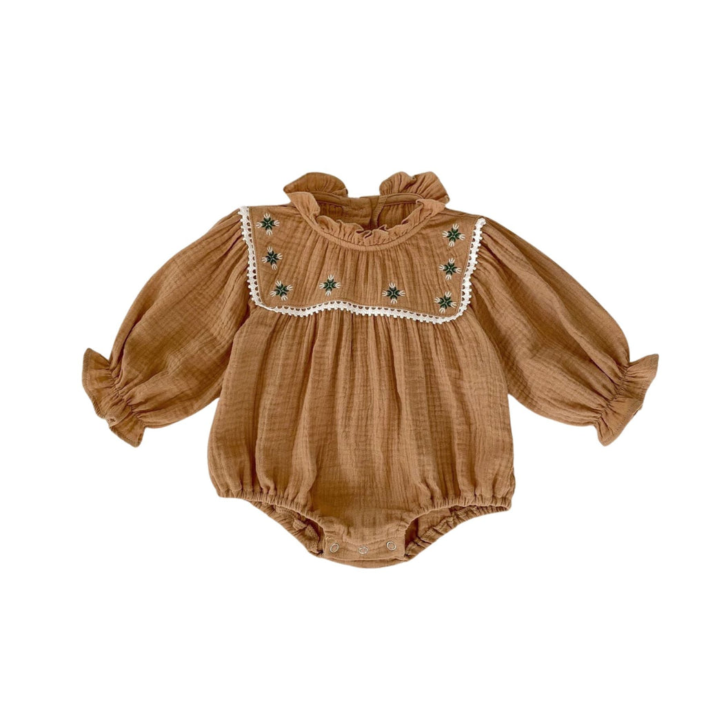 Pibi Infant Girls Embroidered Bodysuit Dress Light Brown 22310
