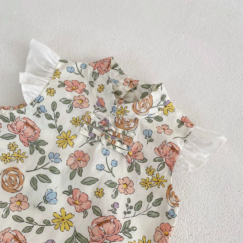 Pibi Infant Girls Floral Printed Collared Sleeveless Romper White 62114