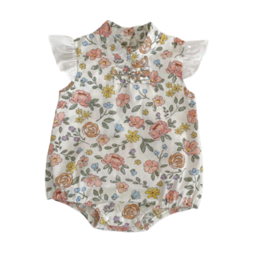 Pibi Infant Girls Floral Printed Collared Sleeveless Romper White 62114