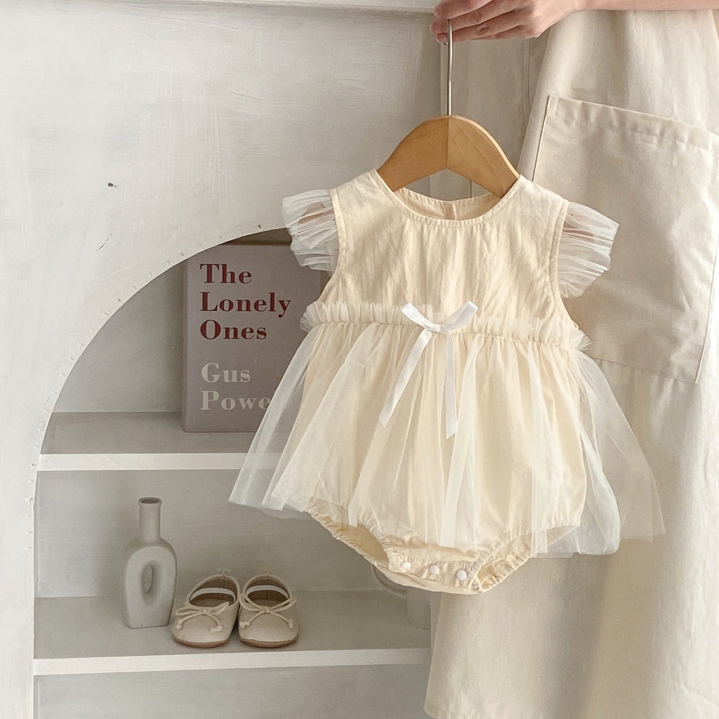 Pibi Infant Girls Solid Bodysuit Dress with Mesh Cream 61022