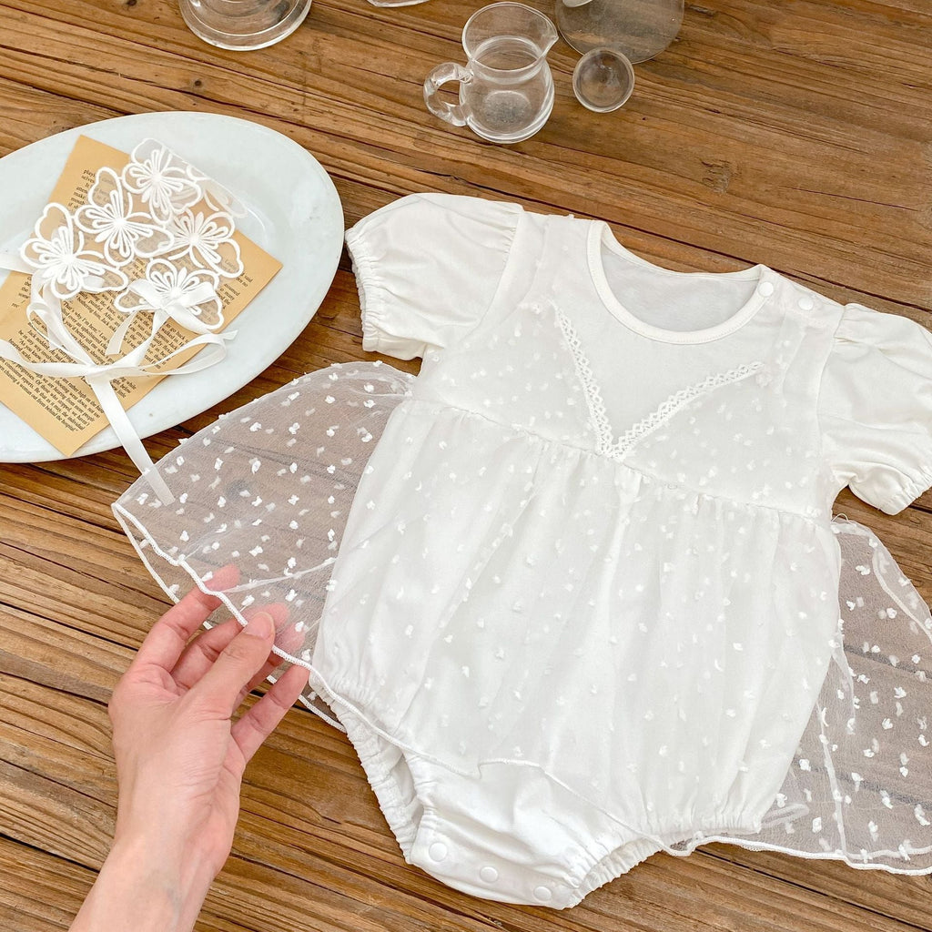 Pibi Infant Girls Solid Bodysuit Dress with Mesh White 21058