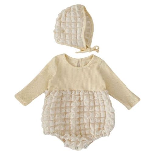 Pibi Infant Girls Solid Patchwork Bodysuit Dress with Cap Lemon Yellow 22315