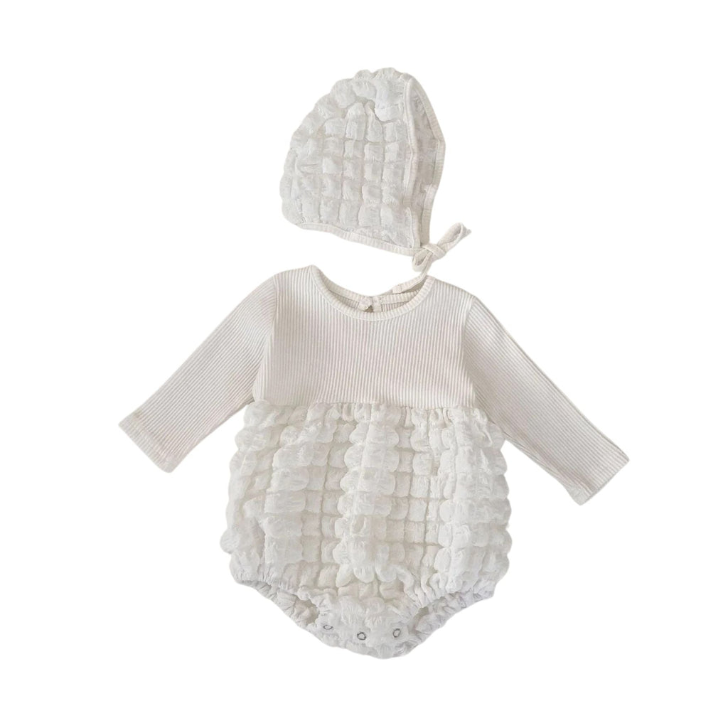 Pibi Infant Girls Solid Patchwork Bodysuit Dress with Cap White 22315