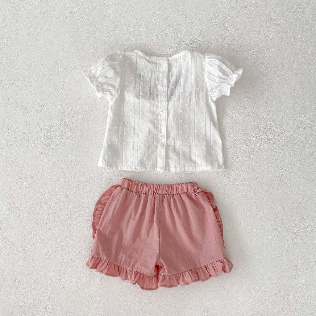 Pibi Infant & Toddler Girls 2 Piece Embroidered Top & Shorts Set White/Pink 66052