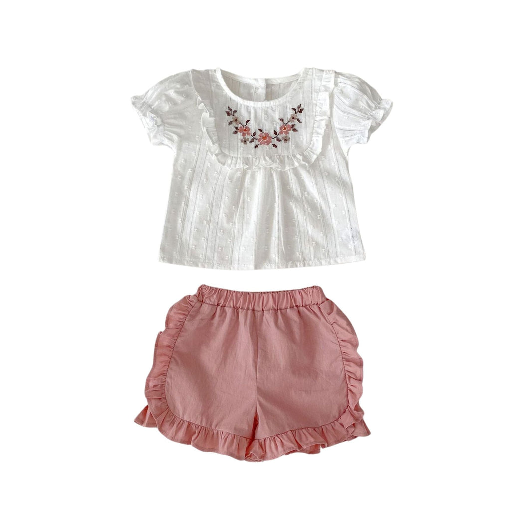 Pibi Infant & Toddler Girls 2 Piece Embroidered Top & Shorts Set White/Pink 66052