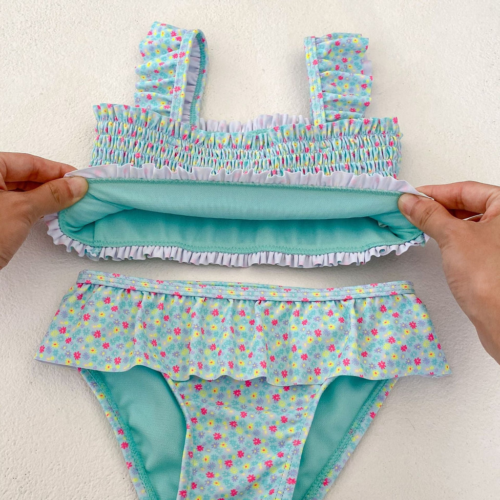 Pibi Infant & Toddler Girls 2 Piece Floral Swim Suit Light Blue 71013