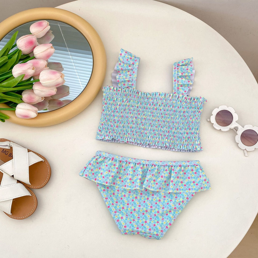 Pibi Infant & Toddler Girls 2 Piece Floral Swim Suit Light Blue 71013