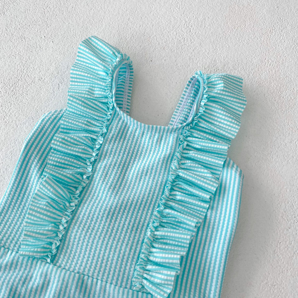 Pibi Infant & Toddler Girls Striped Onesie Swim Suit Light Blue/White 71015