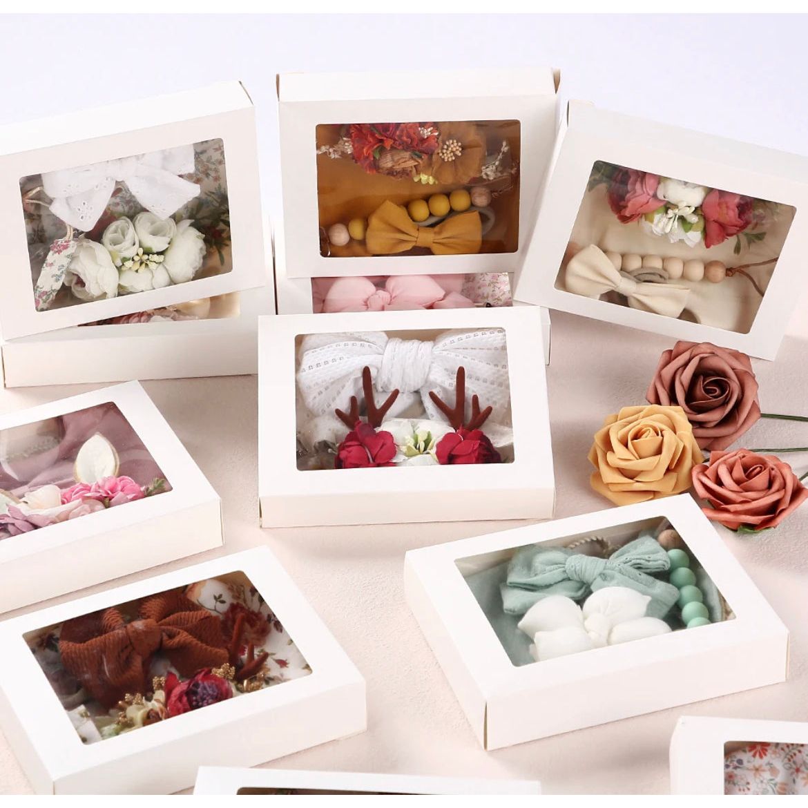 Pibi Infants Gift Set of 4 in a Box (Bib, 2 Bowknot Hairband & Pacifier Clip) Dp059 Assorted Age- Newborn to 12 Months