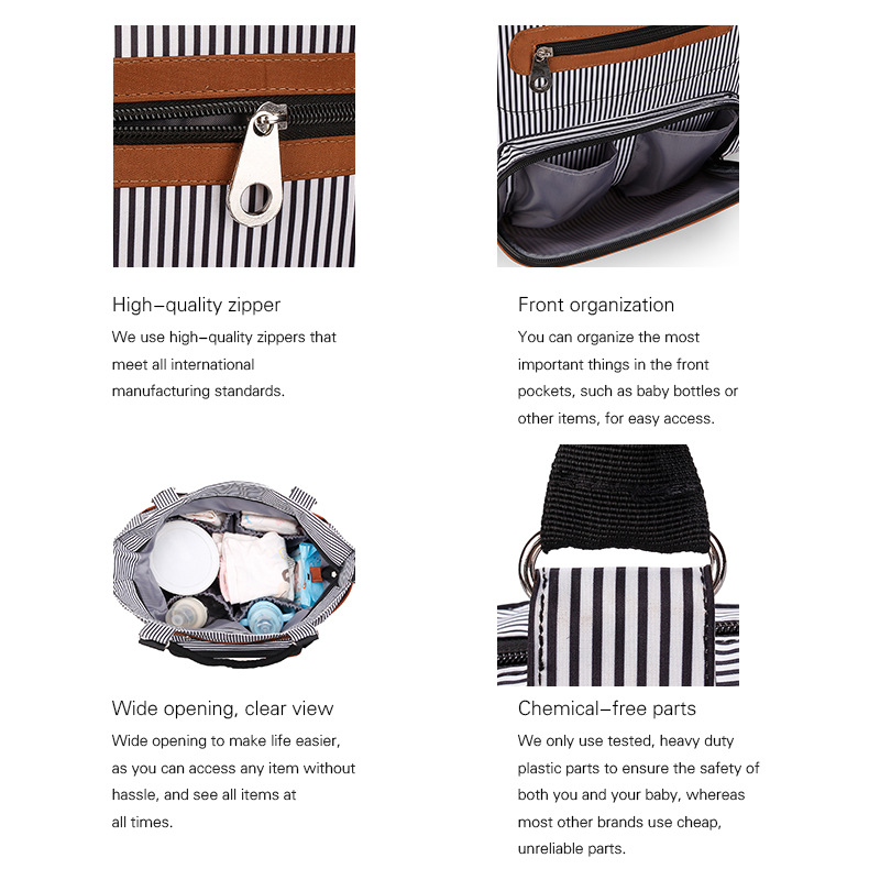 Pibi Multipurpose Diaper Tote Bag with Hooks Set of 7 Black/Ivory