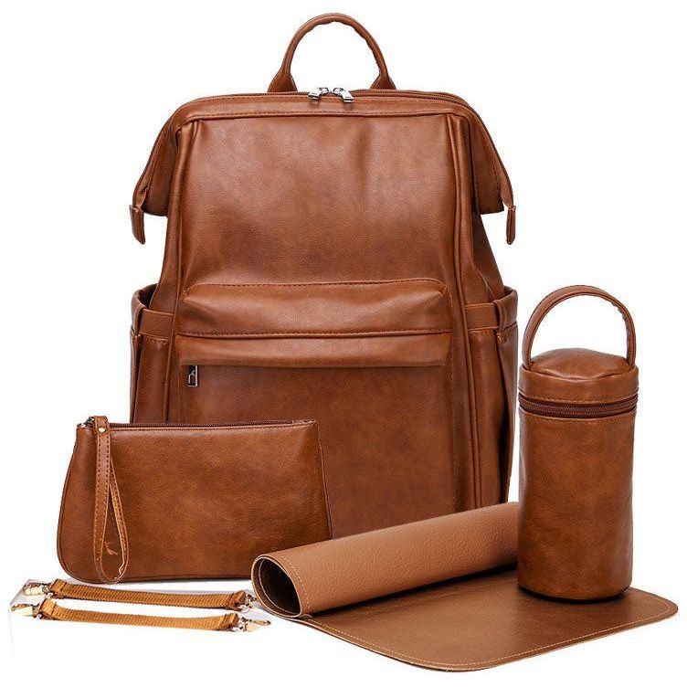 Pibi Mutipurpose Leather Diaper Backpack with Stroller Hooks Diaper Pad and Makeup Pouch Brown Peekaboo