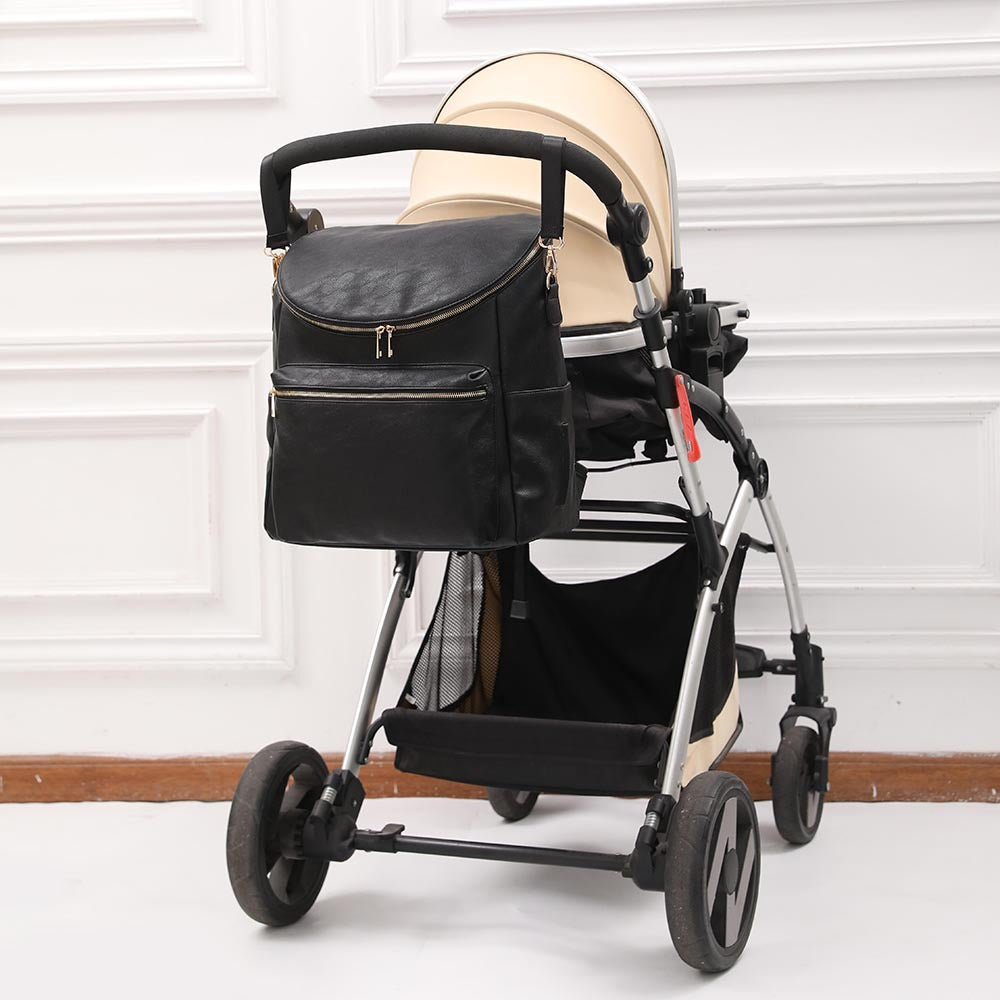 Pibi Mutipurpose PU Leather Diaper Backpack with Stroller Hooks, Changing Pad and Makeup Pouch Black