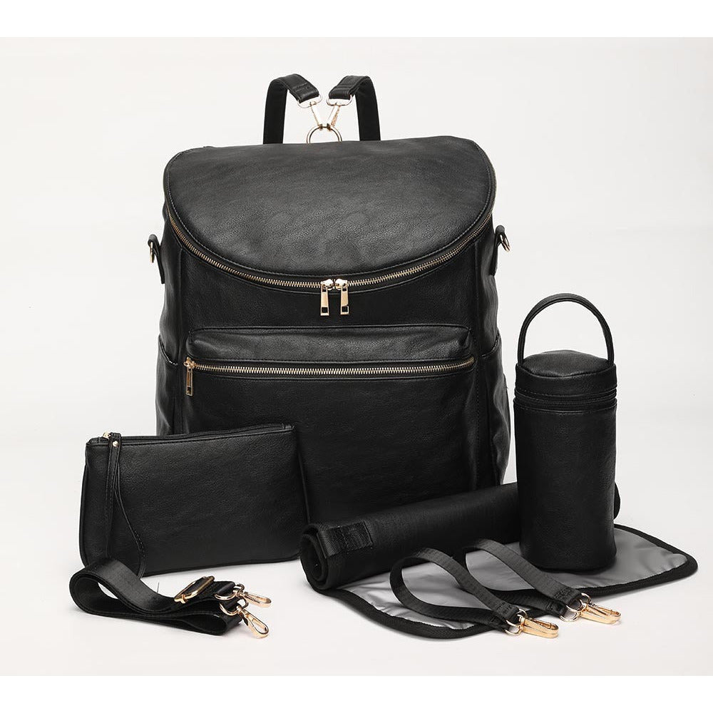 Pibi Mutipurpose PU Leather Diaper Backpack with Stroller Hooks, Changing Pad and Makeup Pouch Black