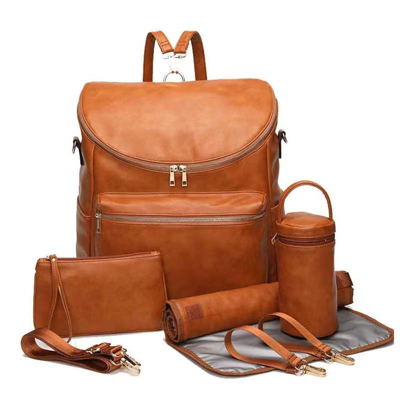 Pibi Mutipurpose PU Leather Diaper Backpack with Stroller Hooks, Changing Pad and Makeup Pouch Tan Brown