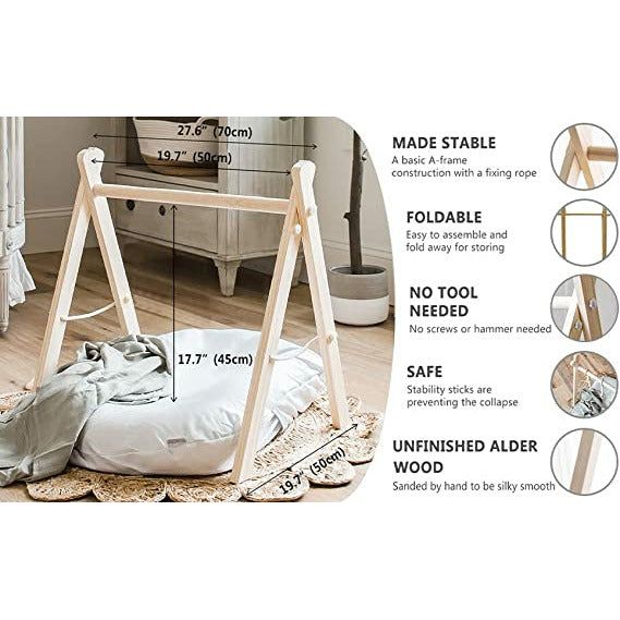 Pibi Wooden Foldable Play Gym Wooden Baby Gym with 4 Toys Natural White Age 3 Months Above Peekaboo