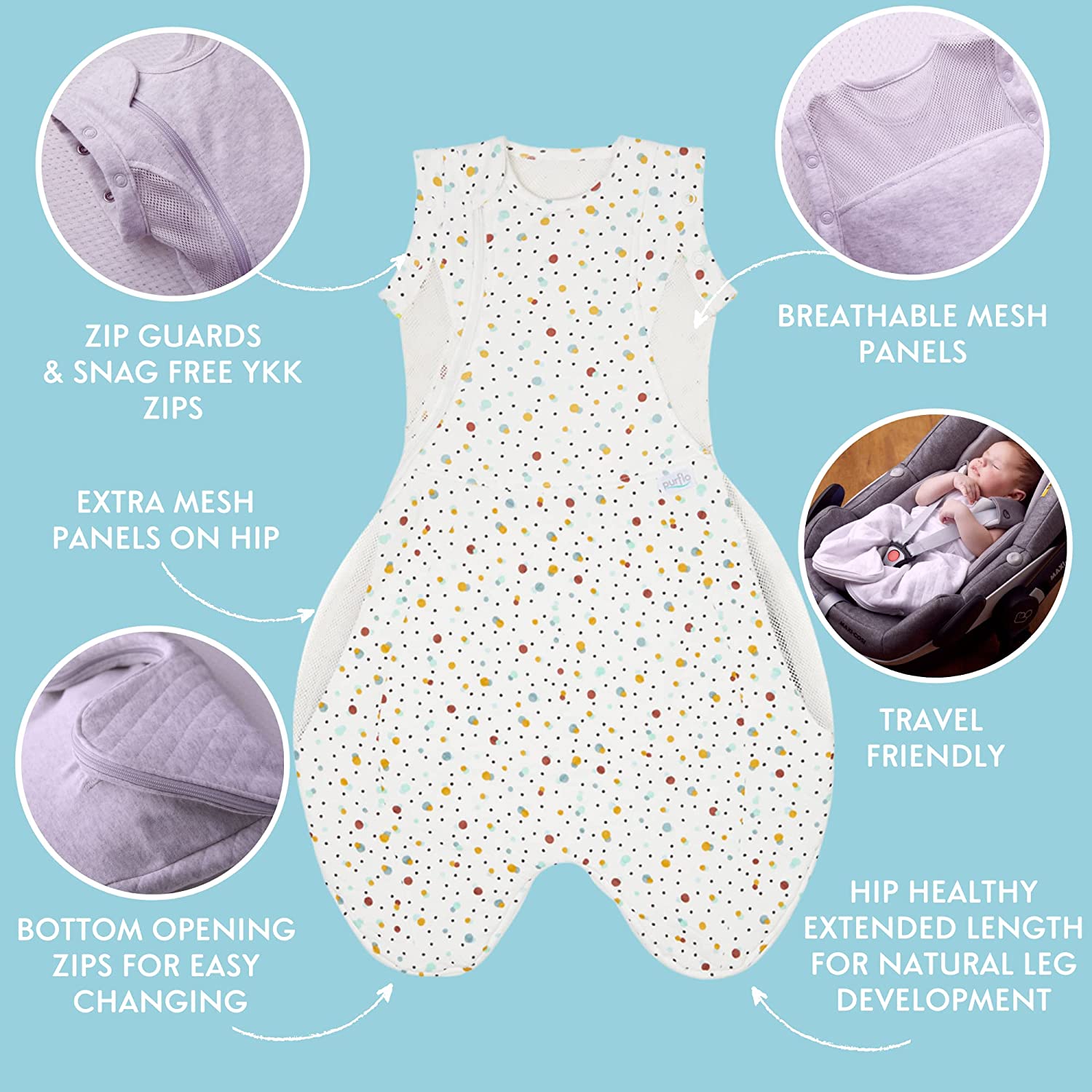 Purflo Swaddle to Sleep Baby Bag 0m-4m TOG, SCANDI SPOT White