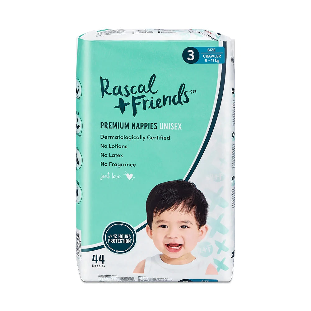 Rascal+Friends Adhesive Crawler Nappy Diapers Size 3 (6-11 Kgs) - 44 Pieces  - Peekaboo
