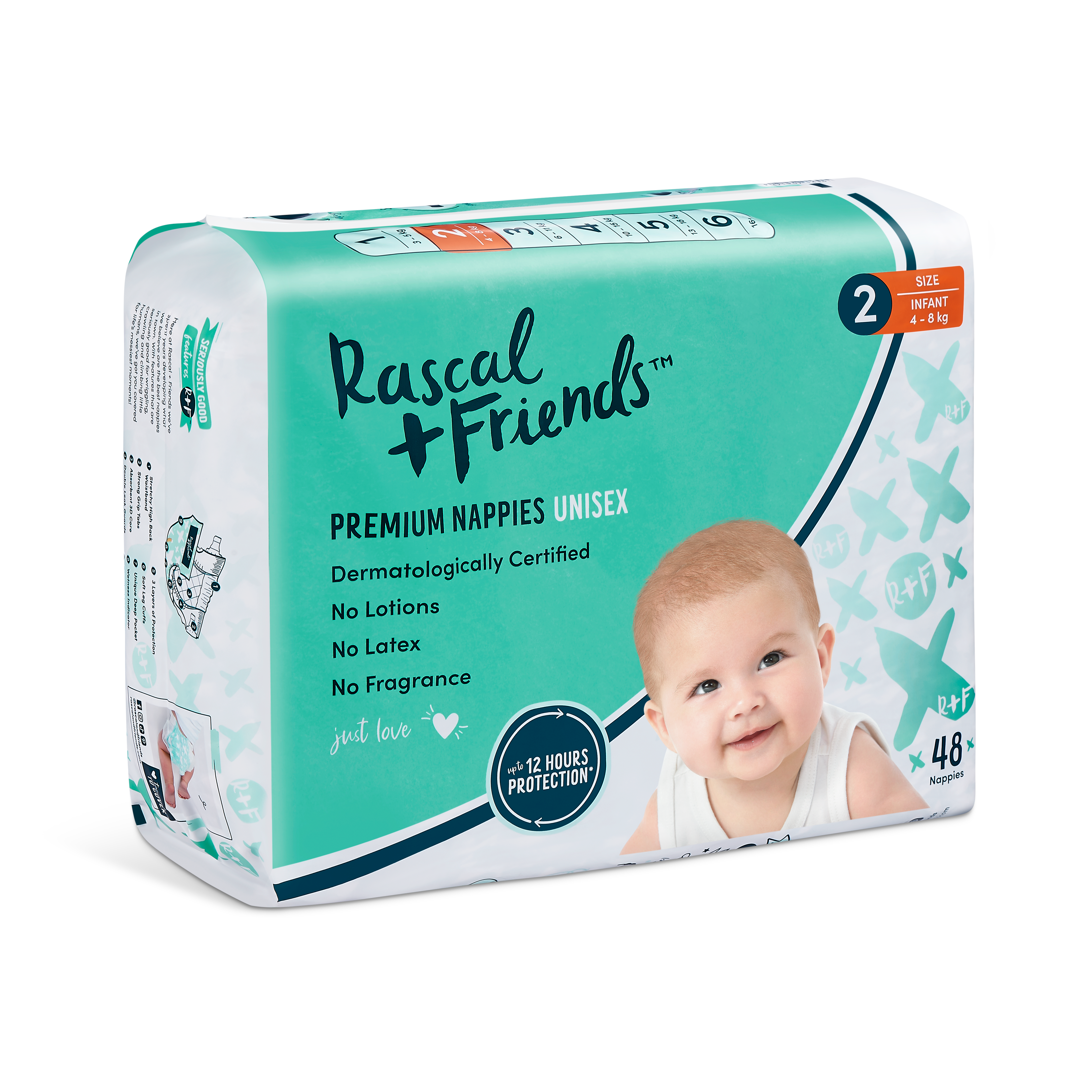 Rascal+Friends Premium Adhesive Infant Nappy Diapers Size 2 (4-8 Kgs) - 48  Pieces - Peekaboo