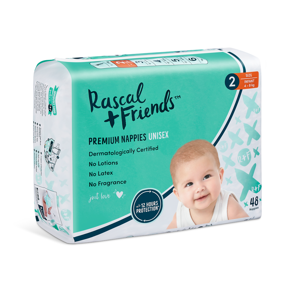 Rascal+Friends Premium Adhesive Infant Nappy Diapers Size 2 (4-8 Kgs) - 48 Pieces