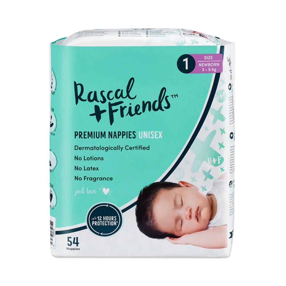 Rascal+Friends Premium Adhesive Newborn Nappy Diapers Size 1 (3-5 Kgs) - 54 Pieces
