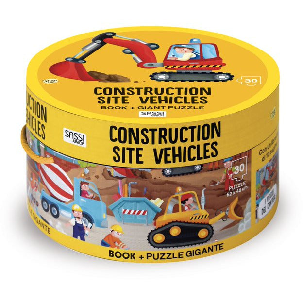 Sassi Junior Book And Giant Puzzle Round Box Construction Site Vehicles Multicolor Age- 3 Years & Above