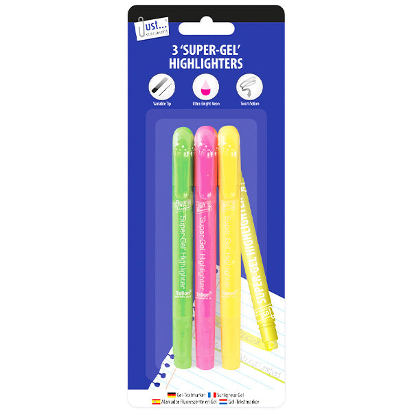 Pibi Just Stationery Assorted Colour Super-Gel Highlighter Pens 3 Pack Age-3 Years & Above