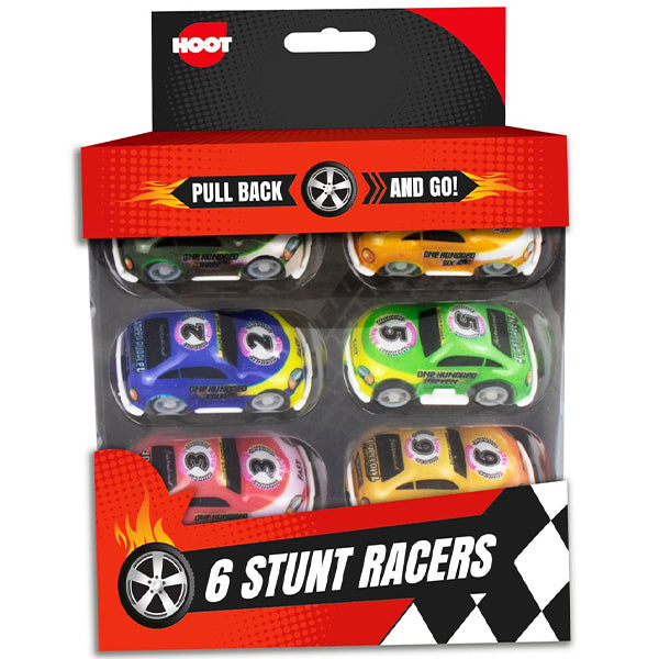Hoot Assorted Pull-Back Friction Stunt Racer Cars 6 Pack Age-3 Years & Above