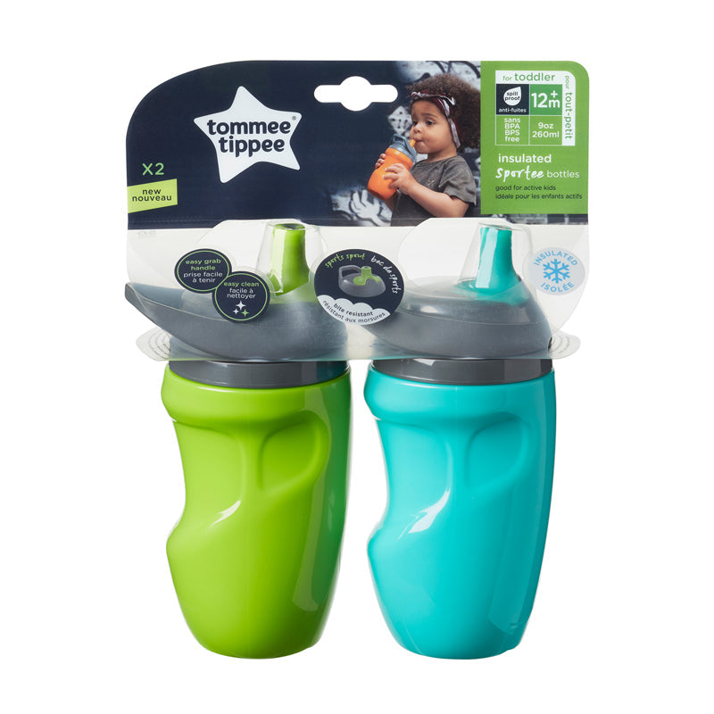 Tommee Tippee Insulated Sportee Toddler Water Bottle with Handle Pack of 2 Green/Teal Age- 12 Months & Above