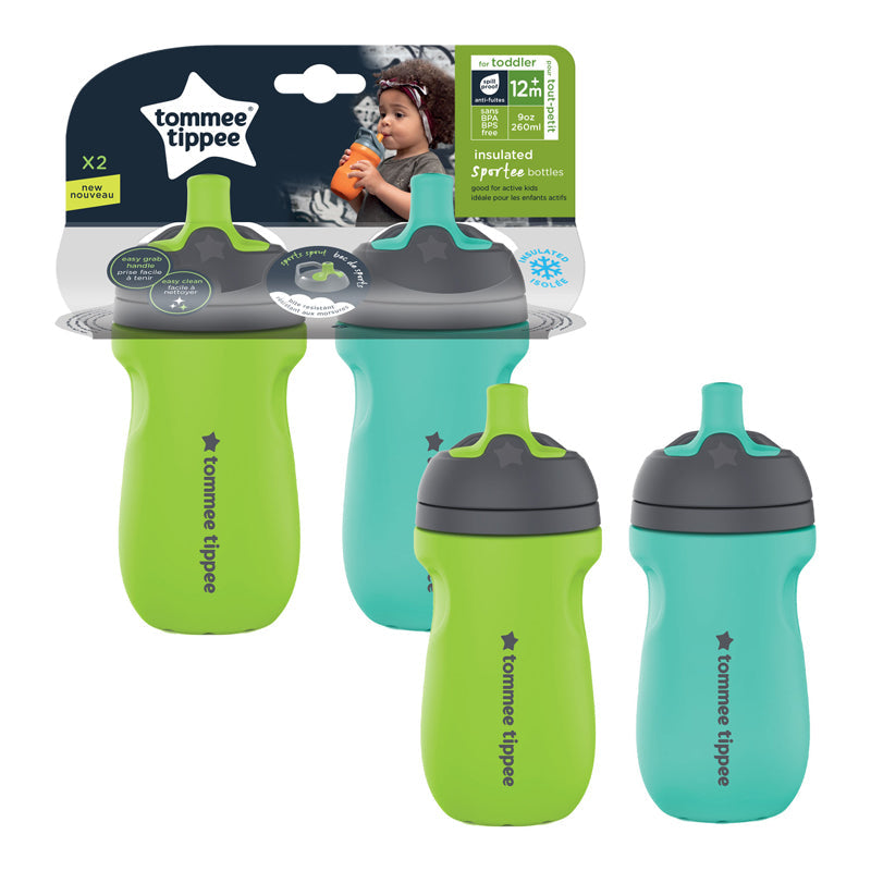 Tommee Tippee Insulated Sportee Toddler Water Bottle with Handle Pack of 2 Green/Teal Age- 12 Months & Above