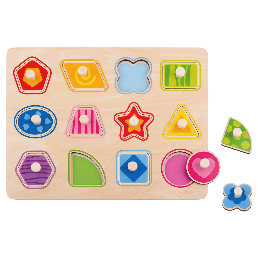 Tooky Toy 13 Piece Shape Wooden Puzzle Learning Shapes with Pinez Multicolor Age: 18 Months & Above