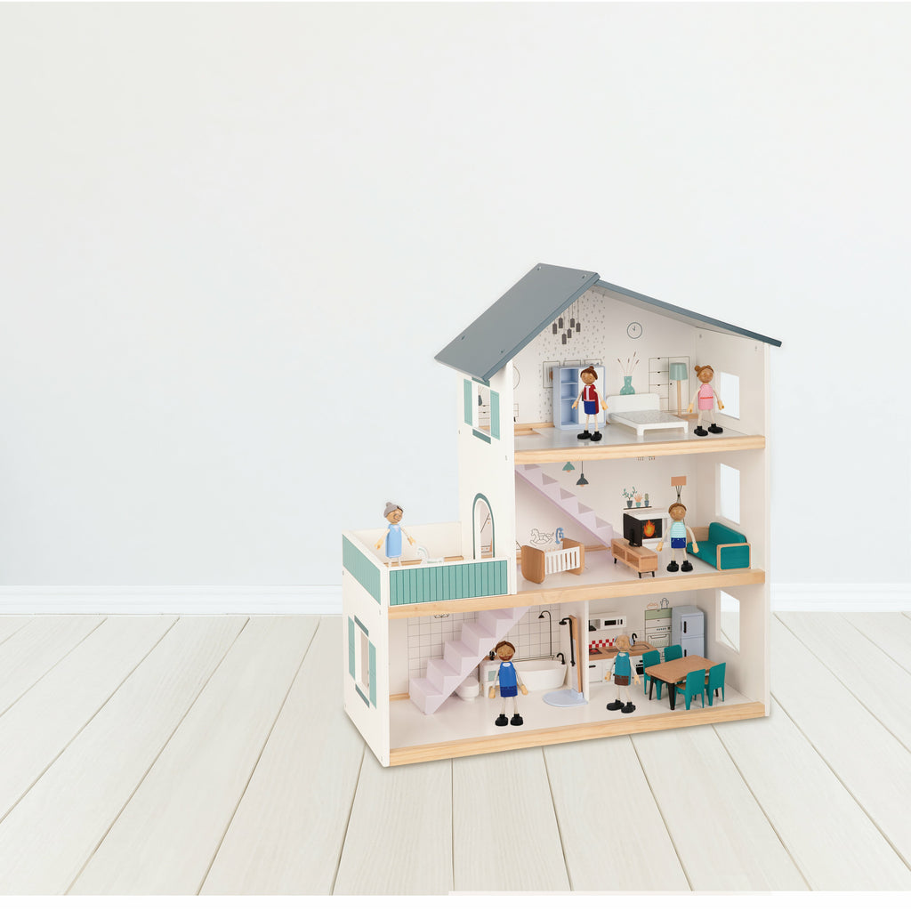 Tooky Toy 3 Storey Wooden Doll House with Furniture Age-3 Years & Above